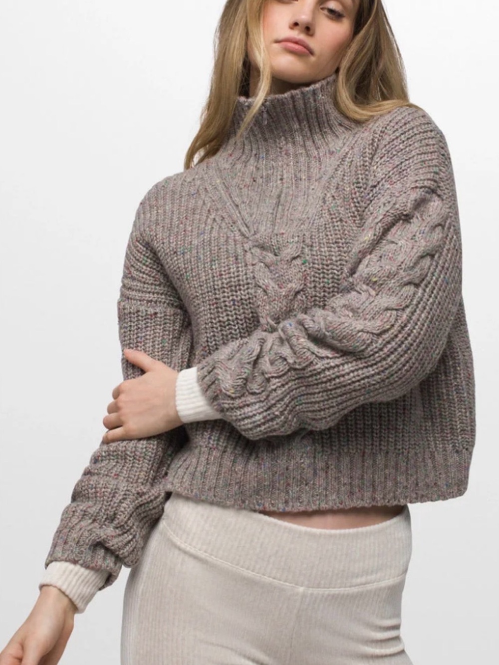 prAna Laurel Creek Pebble Grey Cable Quarter Zip Sweater